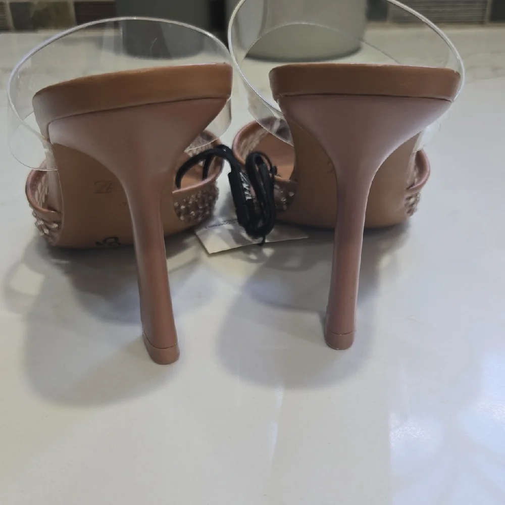 Zara Women's Beige Embellished Heels with Clear Straps - Picture 2 of 10